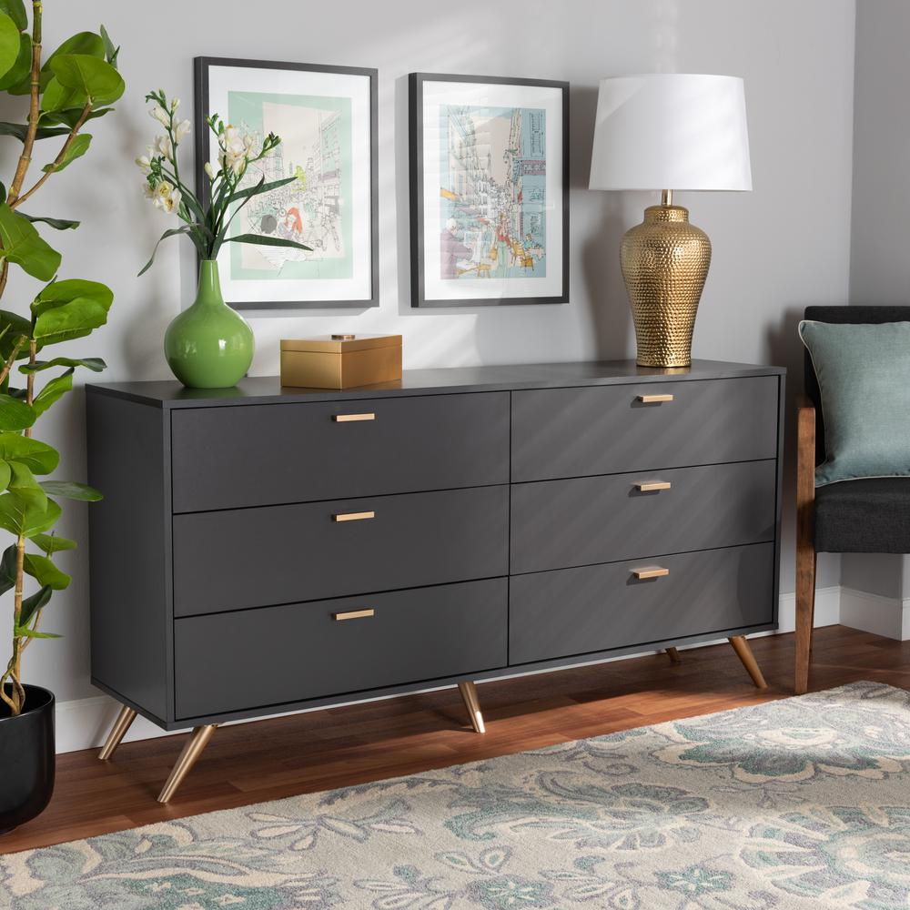 Kelson Modern and Contemporary Dark Grey and Gold Finished Wood 6-Drawer Dresser. Picture 17