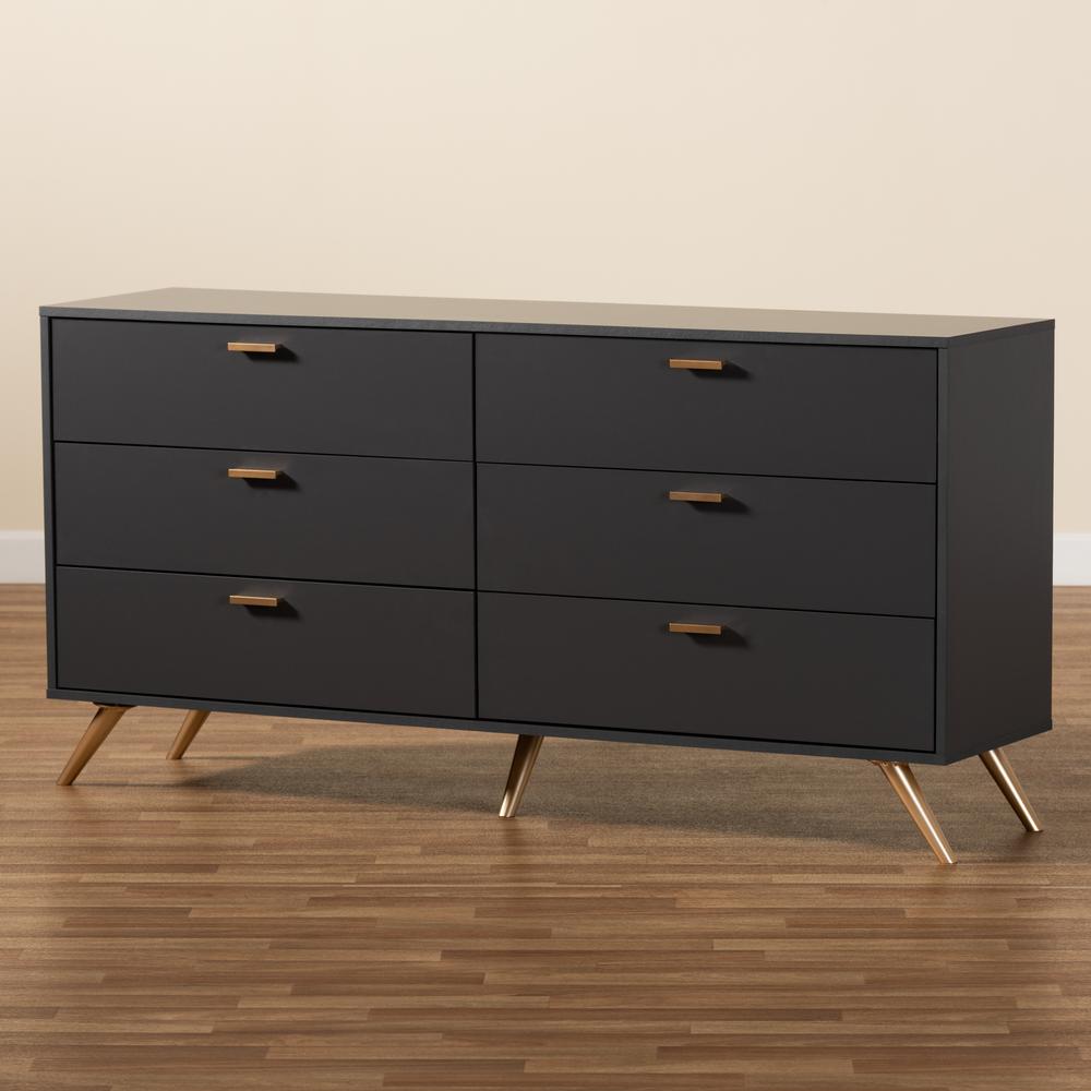 Kelson Modern and Contemporary Dark Grey and Gold Finished Wood 6-Drawer Dresser. Picture 18