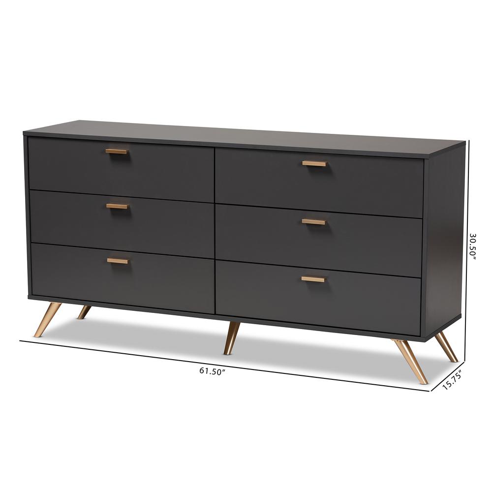 Kelson Modern and Contemporary Dark Grey and Gold Finished Wood 6-Drawer Dresser. Picture 19