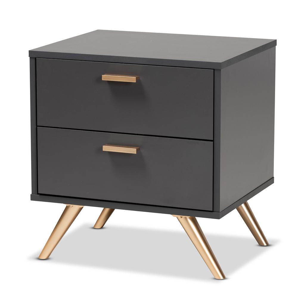 Dark Grey and Gold Finished Wood 2-Drawer Nightstand. Picture 11