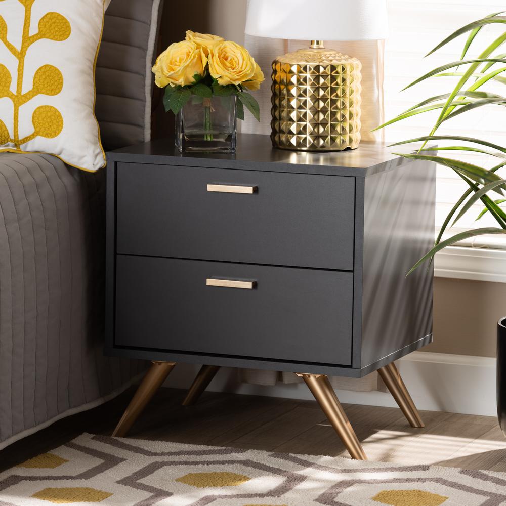 Dark Grey and Gold Finished Wood 2-Drawer Nightstand. Picture 17