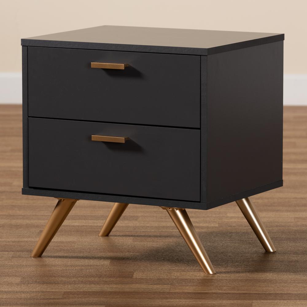 Dark Grey and Gold Finished Wood 2-Drawer Nightstand. Picture 18