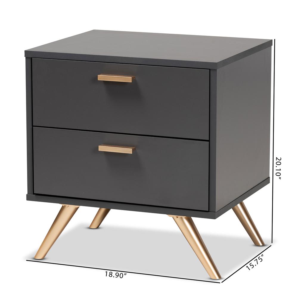 Dark Grey and Gold Finished Wood 2-Drawer Nightstand. Picture 19