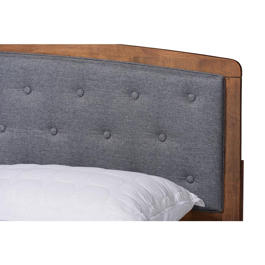 Baxton Studio Ratana Mid-Century Modern Transitional Grey Fabric Upholstered and Walnut Brown Finished Wood Queen Size Platform Bed. Picture 4