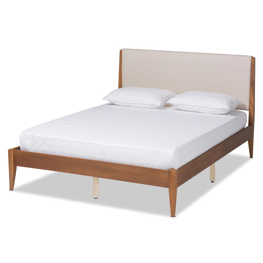 Beige Fabric Upholstered and Walnut Brown Finished Wood Full Size Platform Bed. Picture 12