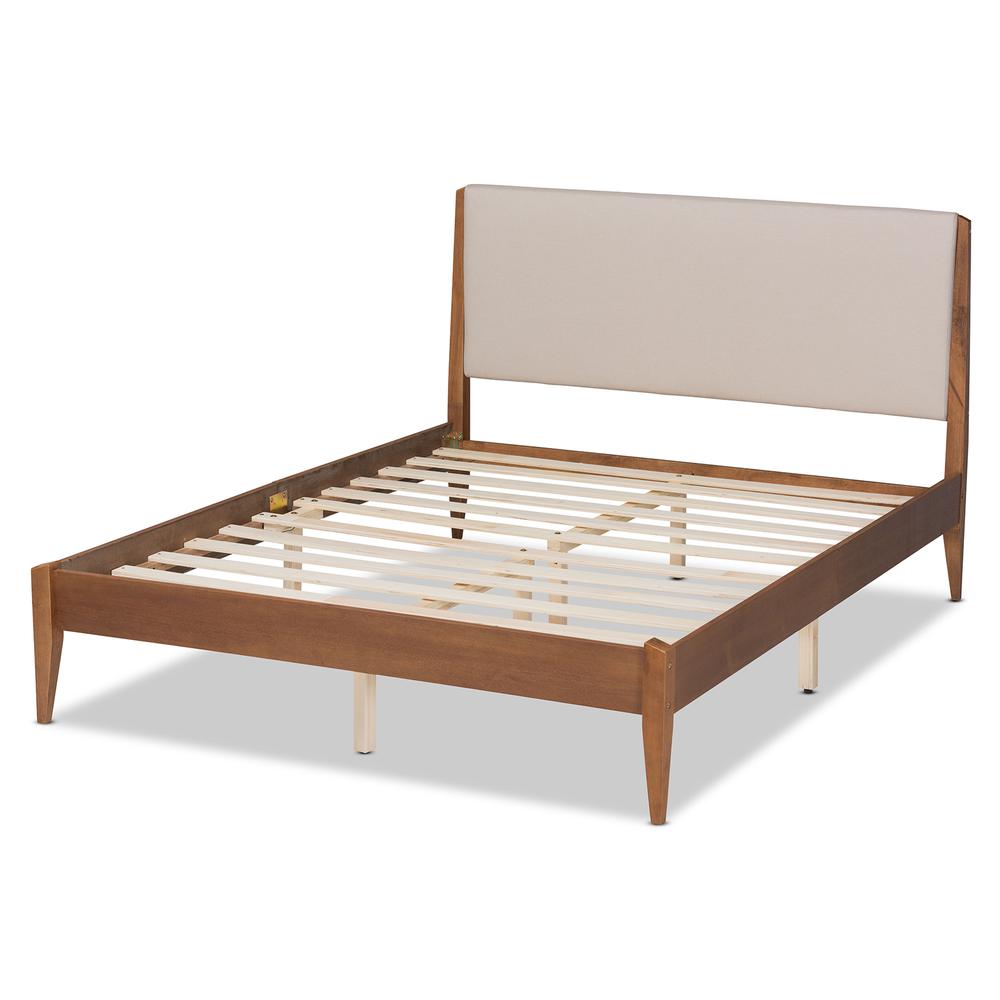 Beige Fabric Upholstered and Walnut Brown Finished Wood Full Size Platform Bed. Picture 14