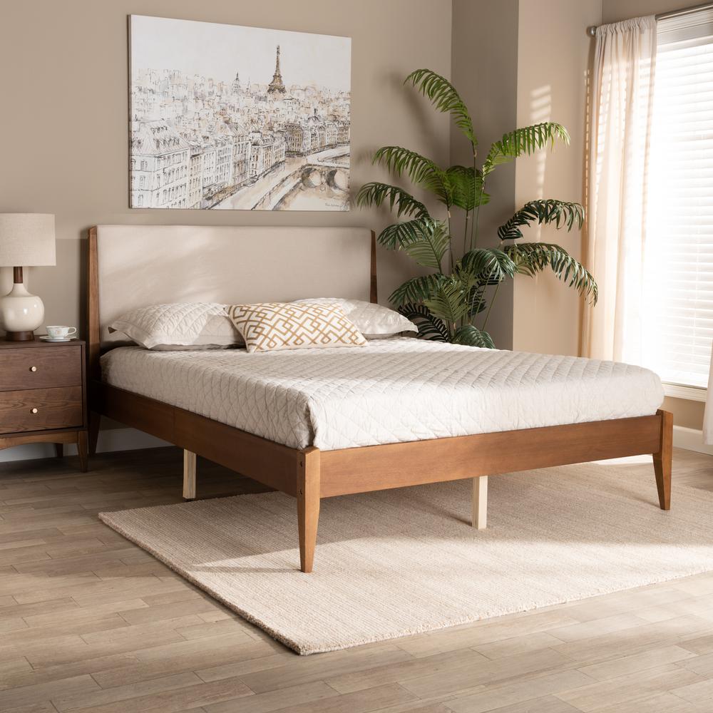 Beige Fabric Upholstered and Walnut Brown Finished Wood Full Size Platform Bed. Picture 18