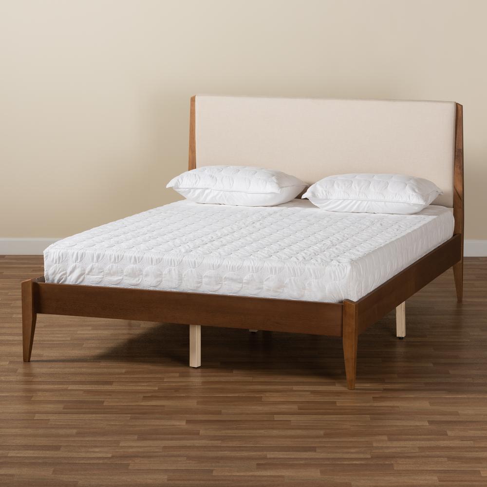 Beige Fabric Upholstered and Walnut Brown Finished Wood Full Size Platform Bed. Picture 19