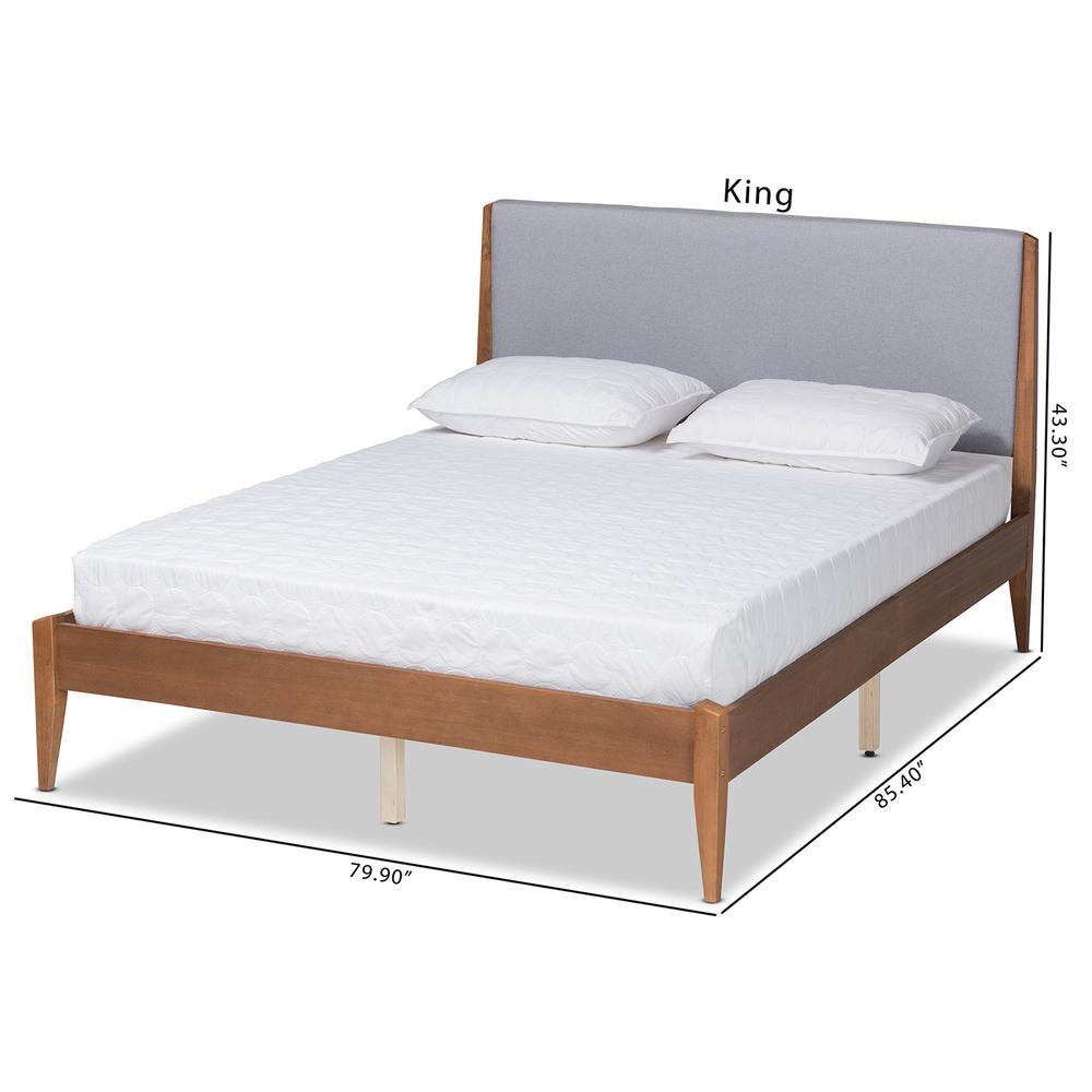 Grey Fabric Upholstered and Walnut Brown Finished Wood King Size Platform Bed. Picture 22
