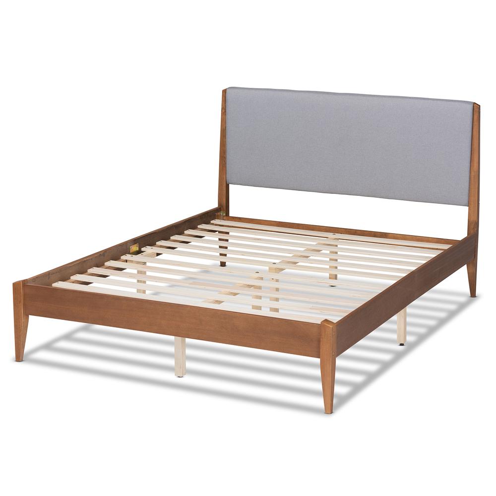 Grey Fabric Upholstered and Walnut Brown Finished Wood King Size Platform Bed. Picture 14