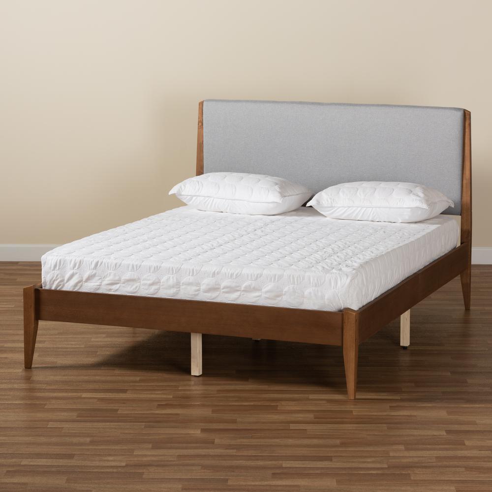 Grey Fabric Upholstered and Walnut Brown Finished Wood King Size Platform Bed. Picture 19