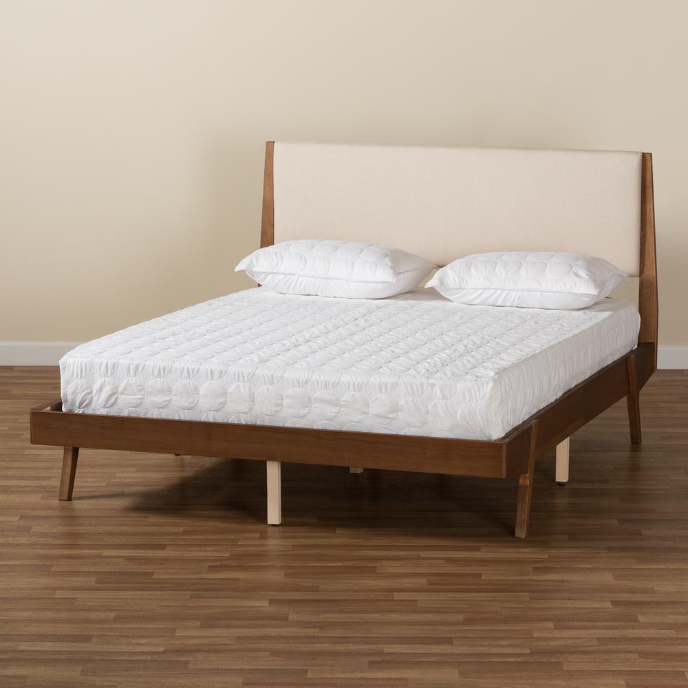 Beige Fabric Upholstered and Walnut Brown Finished Wood Full Size Platform Bed. Picture 19