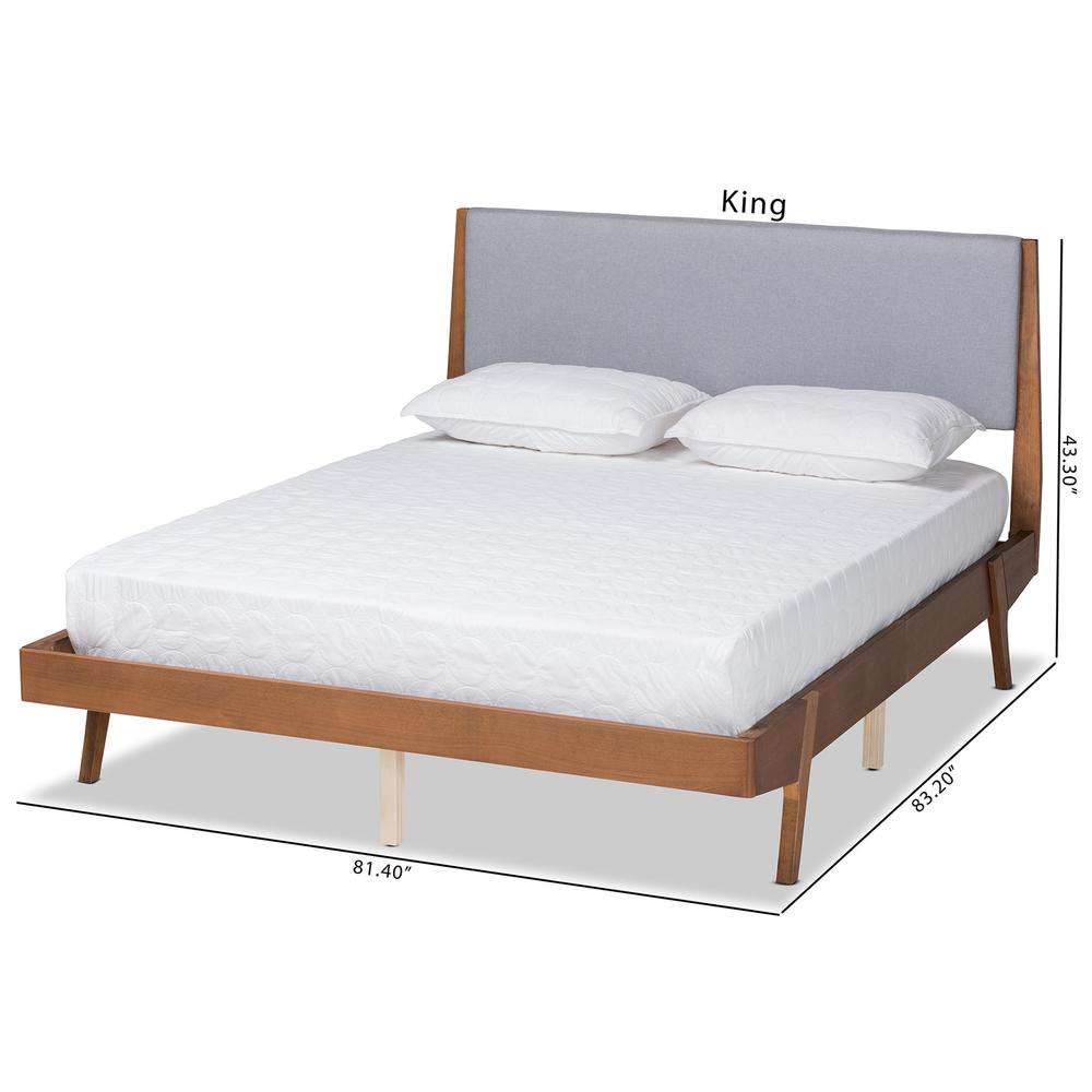 Grey Fabric Upholstered and Walnut Brown Finished Wood King Size Platform Bed. Picture 22