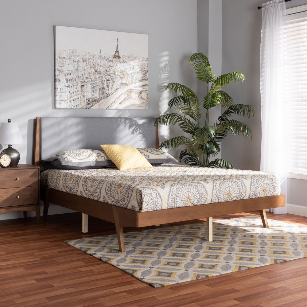 Baxton Studio Senna Mid-Century Modern Grey Fabric Upholstered and Walnut Brown Finished Wood Full Size Platform Bed. Picture 8