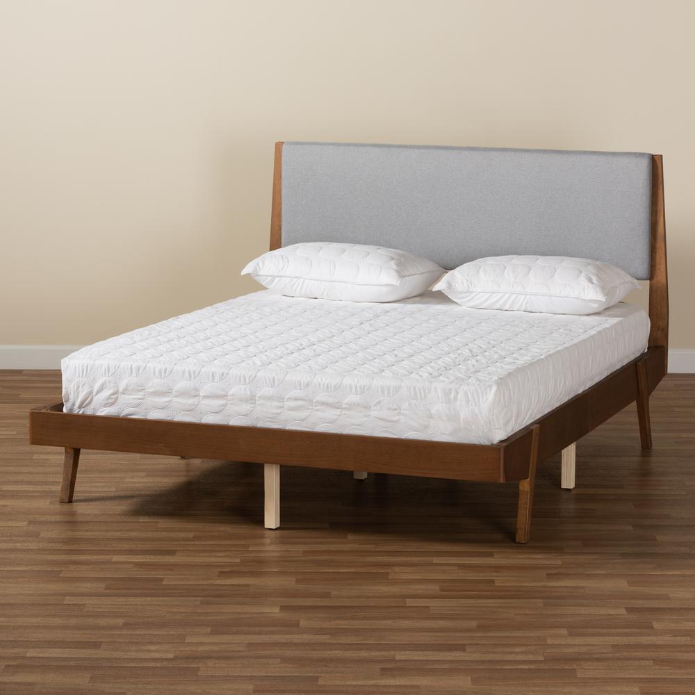 Grey Fabric Upholstered and Walnut Brown Finished Wood King Size Platform Bed. Picture 19