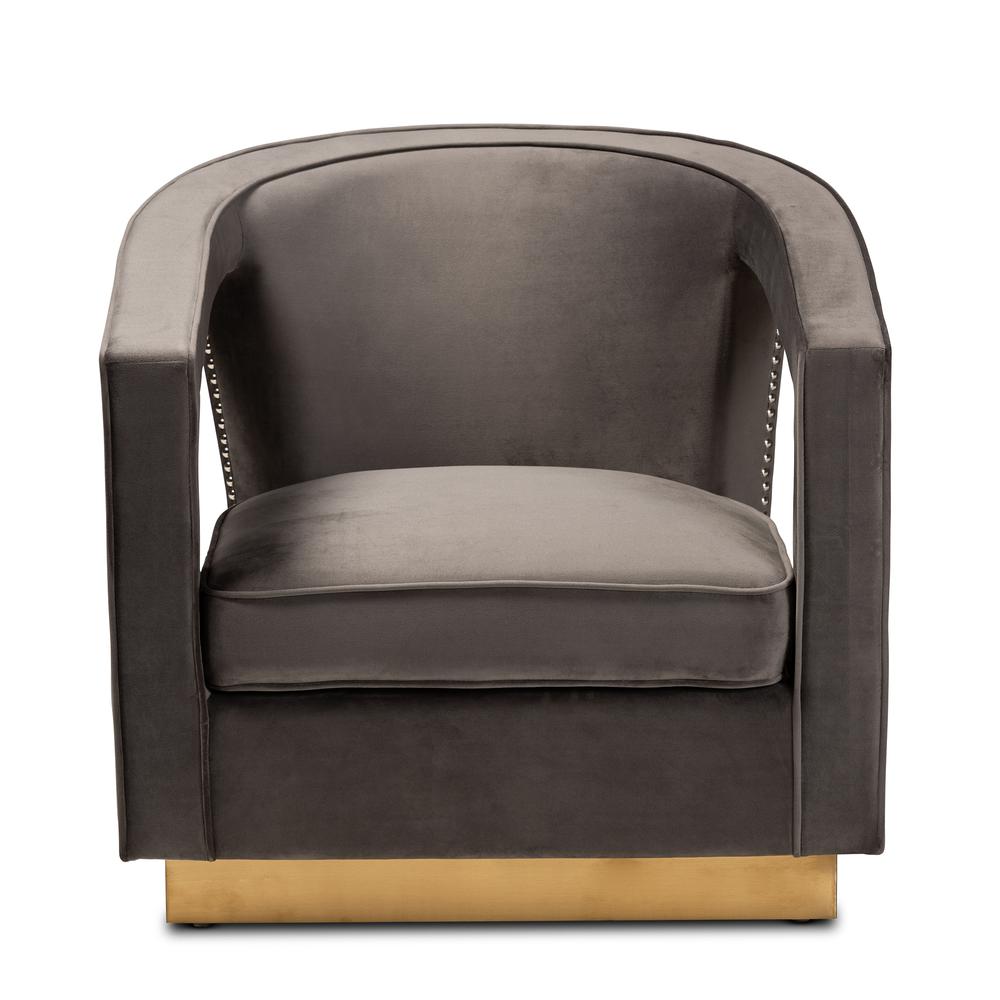 Luxe and Glam Grey Velvet Fabric Upholstered and Gold Finished Metal Armchair. Picture 11