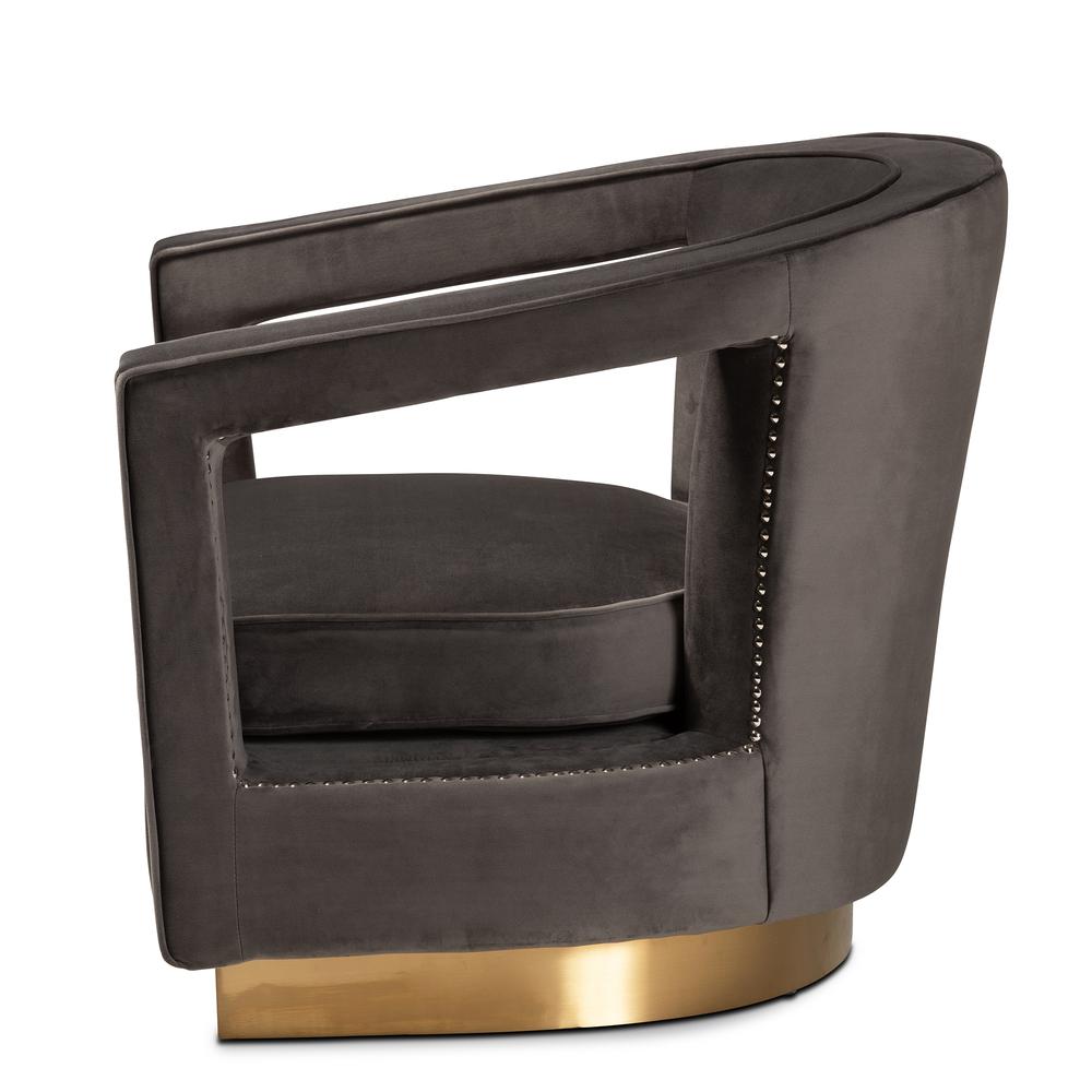 Luxe and Glam Grey Velvet Fabric Upholstered and Gold Finished Metal Armchair. Picture 12