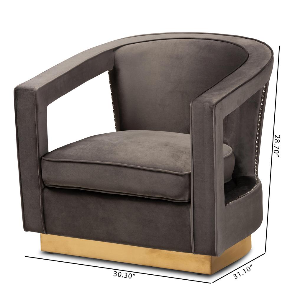 Luxe and Glam Grey Velvet Fabric Upholstered and Gold Finished Metal Armchair. Picture 18