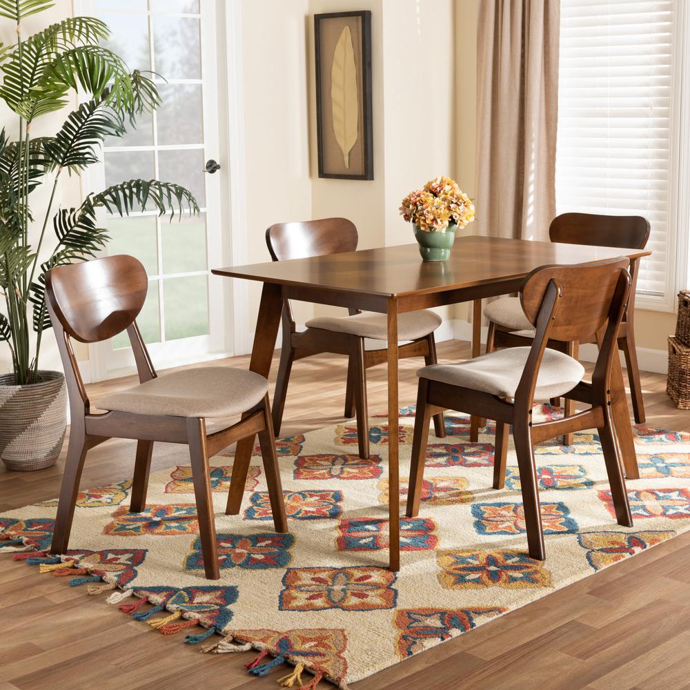 Sand Fabric Upholstered and Walnut Brown Finished Wood 5-Piece Dining Set. Picture 16
