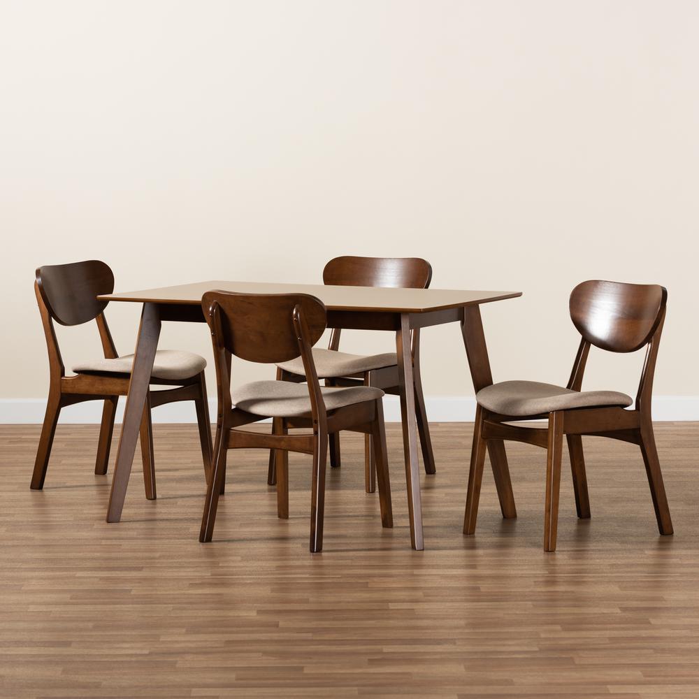 Sand Fabric Upholstered and Walnut Brown Finished Wood 5-Piece Dining Set. Picture 17