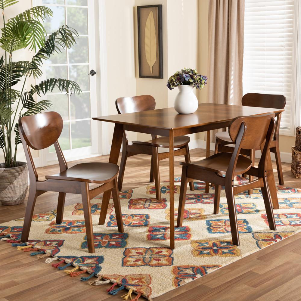 Katya Mid-Century Modern Walnut Brown Finished Wood 5-Piece Dining Set. Picture 16