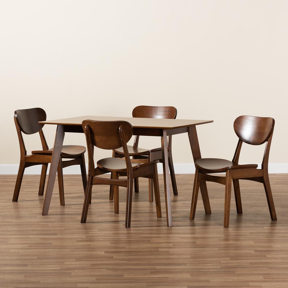 Katya Mid-Century Modern Walnut Brown Finished Wood 5-Piece Dining Set. Picture 17