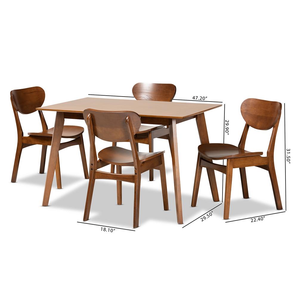 Katya Mid-Century Modern Walnut Brown Finished Wood 5-Piece Dining Set. Picture 18
