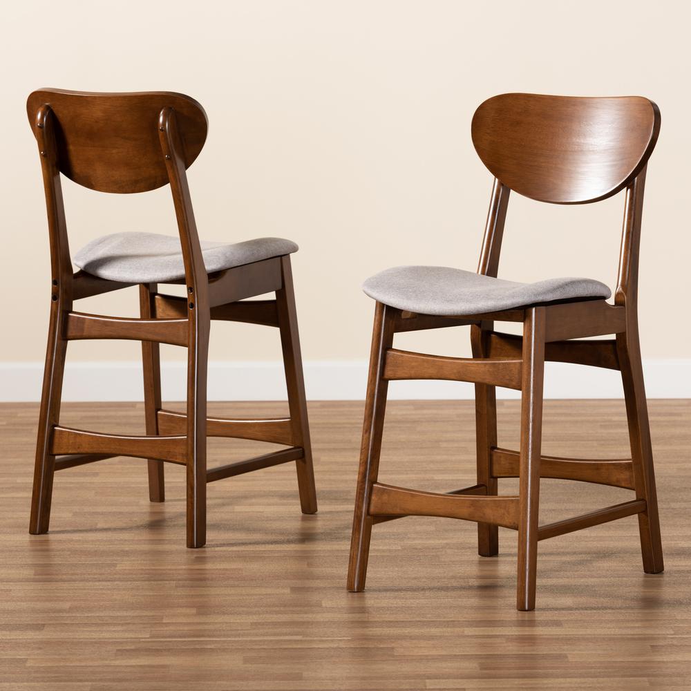 Grey Fabric Upholstered and Walnut Brown Finished Wood 2-Piece Counter Stool Set. Picture 15