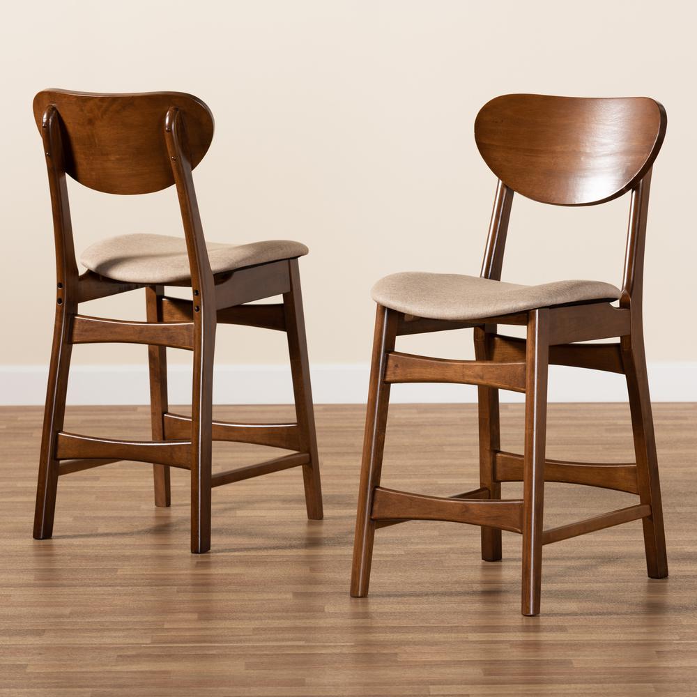 Sand Fabric Upholstered and Walnut Brown Finished Wood 2-Piece Counter Stool Set. Picture 15