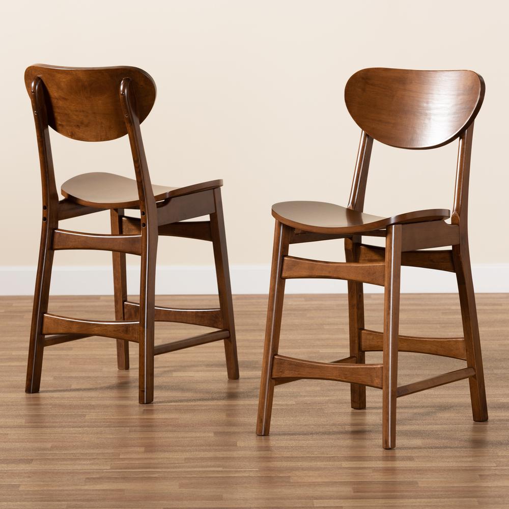 Katya Mid-Century Modern Walnut Brown Finished Wood 2-Piece Counter Stool Set. Picture 15