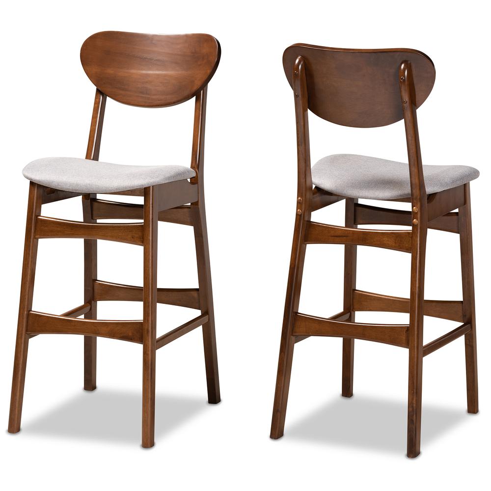 Grey Fabric Upholstered and Walnut Brown Finished Wood 2-Piece Bar Stool Set. Picture 9