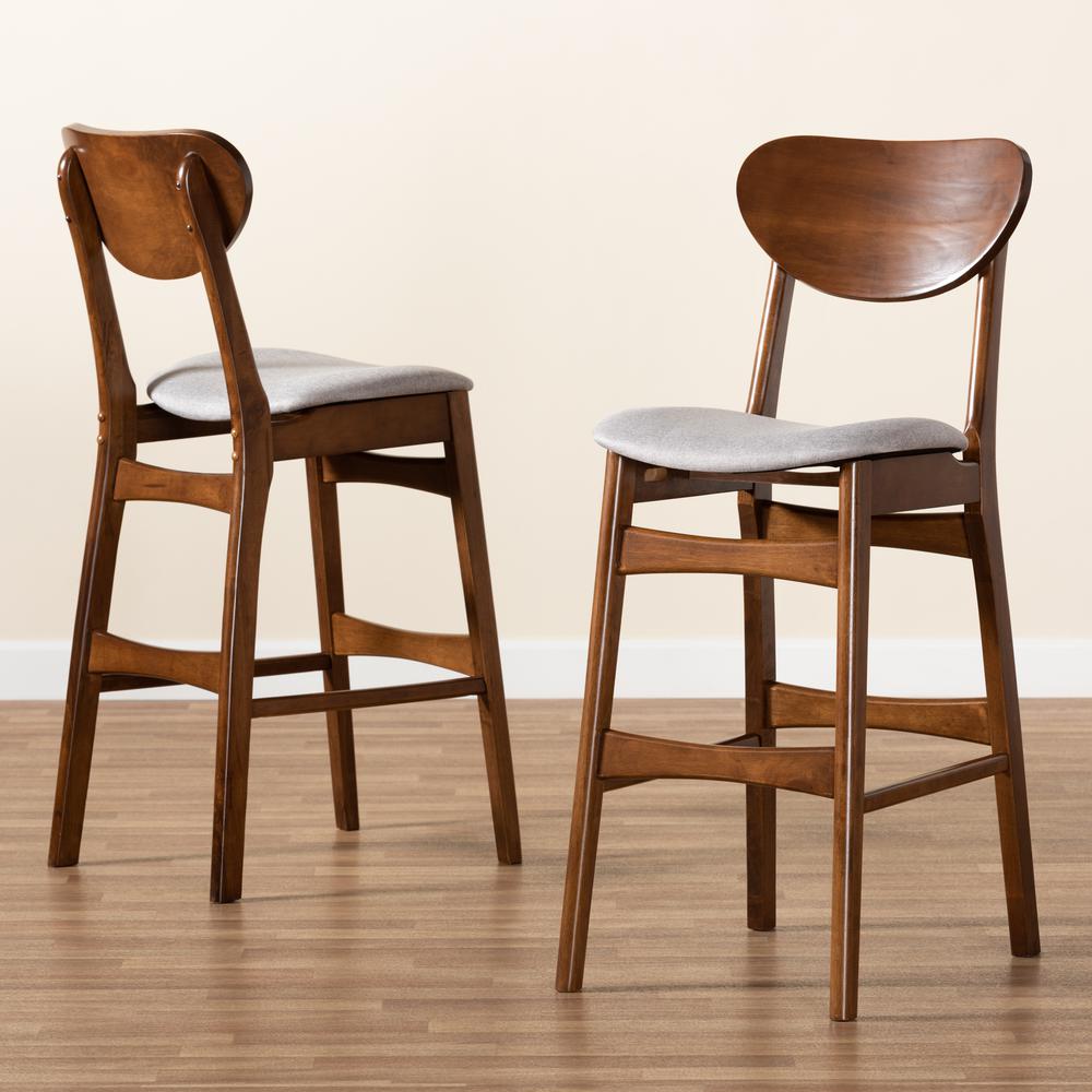 Grey Fabric Upholstered and Walnut Brown Finished Wood 2-Piece Bar Stool Set. Picture 15