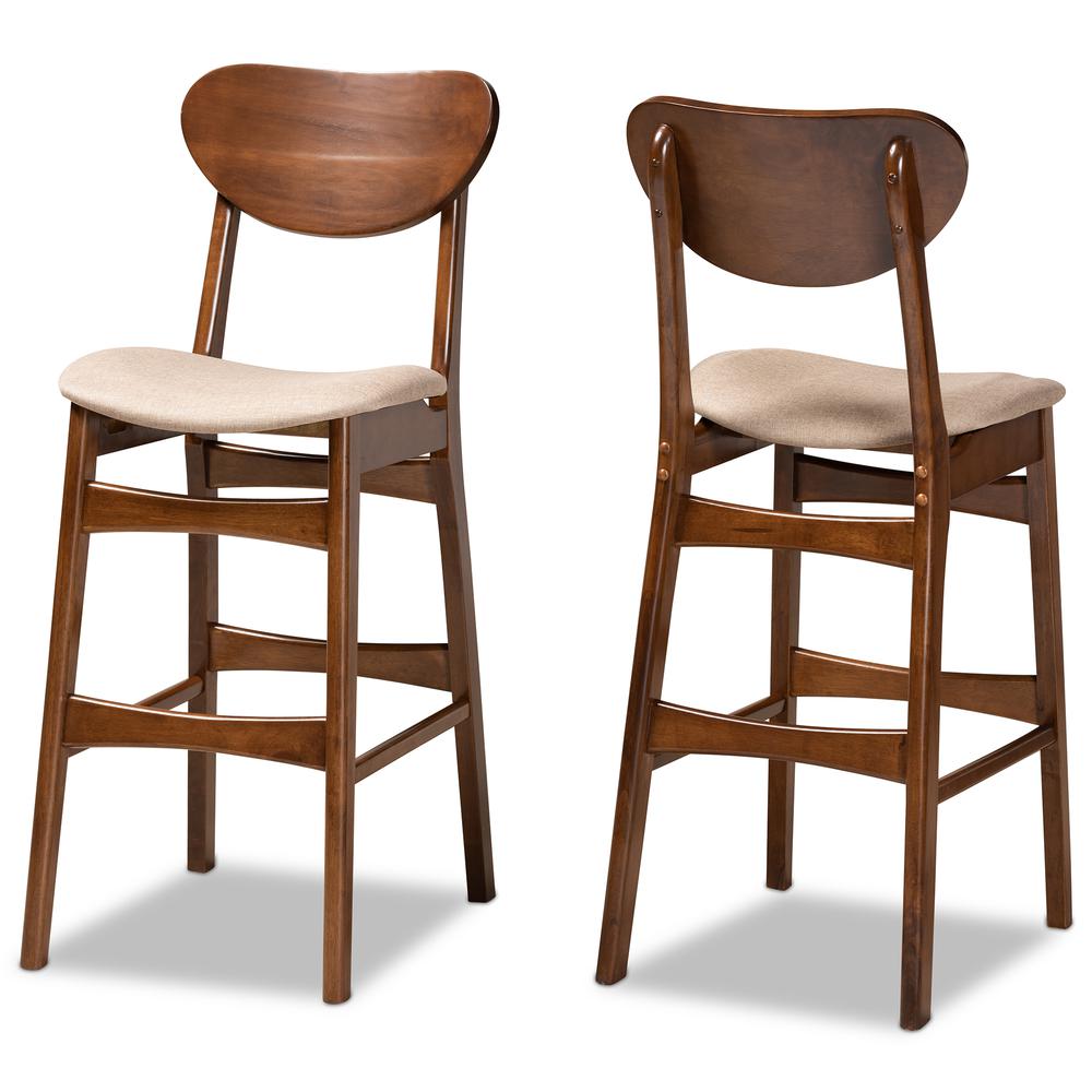 Sand Fabric Upholstered and Walnut Brown Finished Wood 2-Piece Bar Stool Set. Picture 9