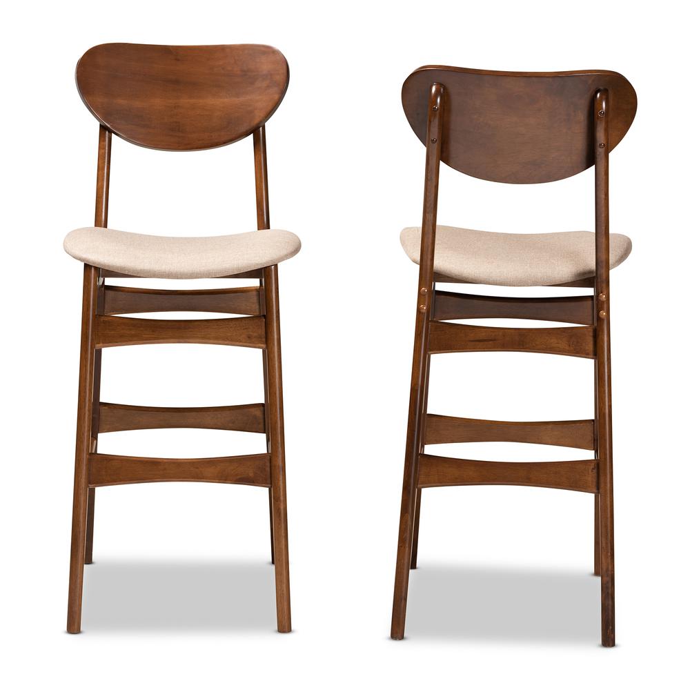 Sand Fabric Upholstered and Walnut Brown Finished Wood 2-Piece Bar Stool Set. Picture 10