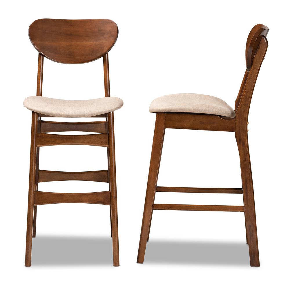 Sand Fabric Upholstered and Walnut Brown Finished Wood 2-Piece Bar Stool Set. Picture 11
