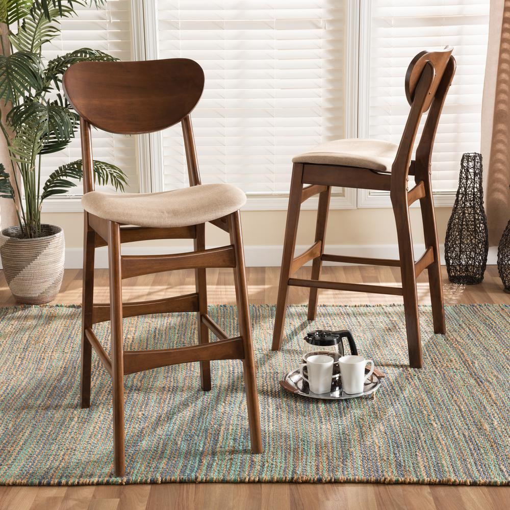 Sand Fabric Upholstered and Walnut Brown Finished Wood 2-Piece Bar Stool Set. Picture 14