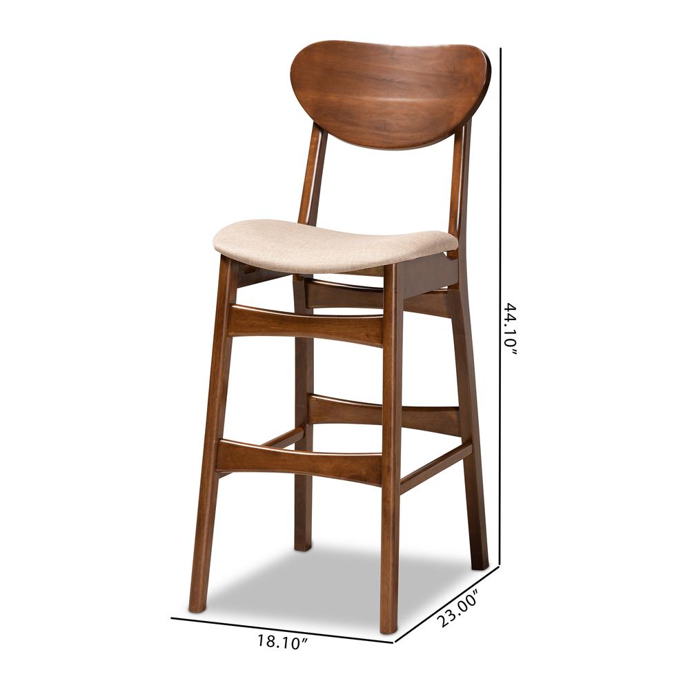 Sand Fabric Upholstered and Walnut Brown Finished Wood 2-Piece Bar Stool Set. Picture 16