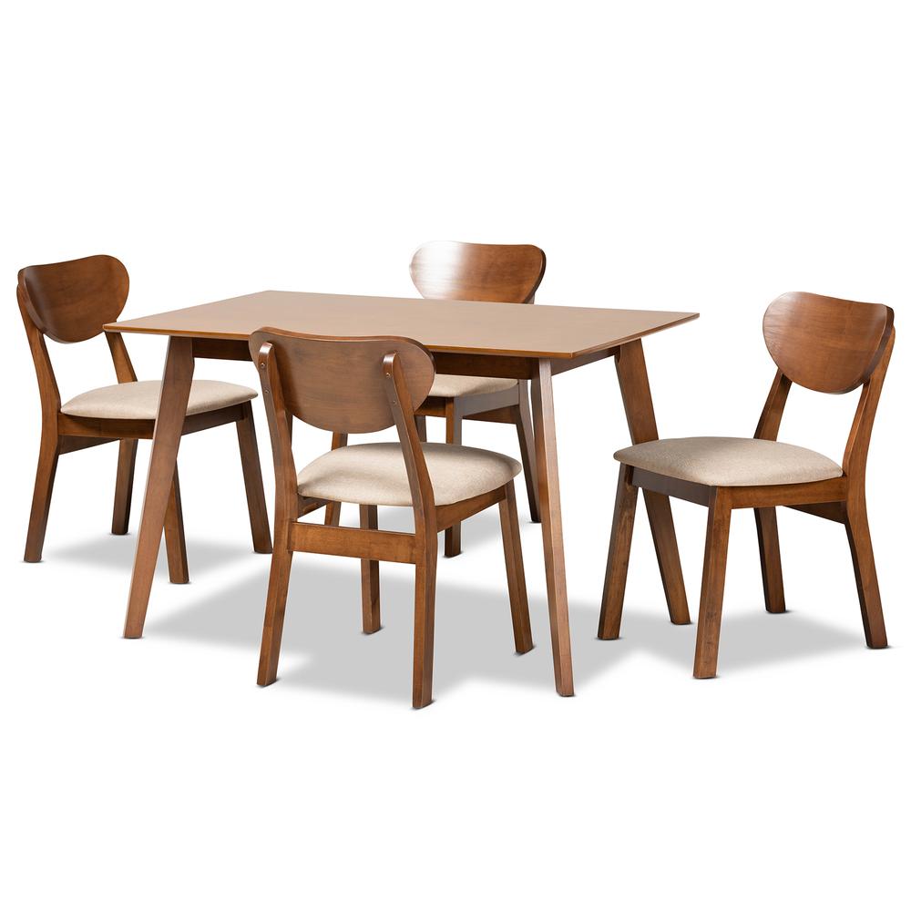 Sand Fabric Upholstered and Walnut Brown Finished Wood 5-Piece Dining Set. Picture 10