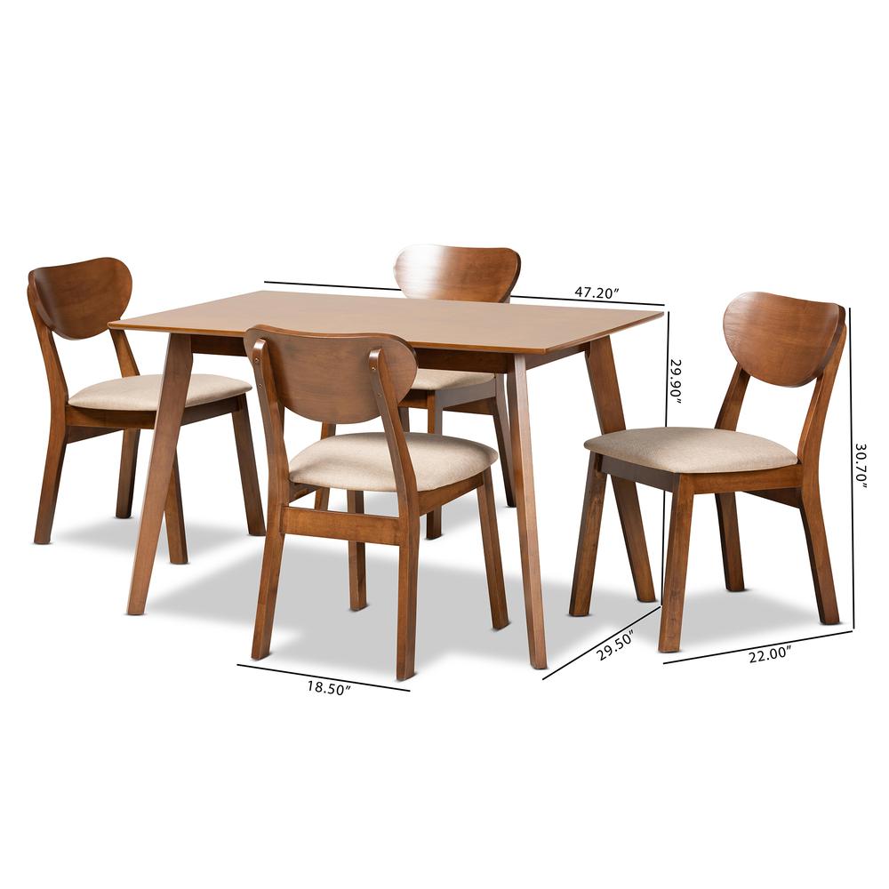 Sand Fabric Upholstered and Walnut Brown Finished Wood 5-Piece Dining Set. Picture 18