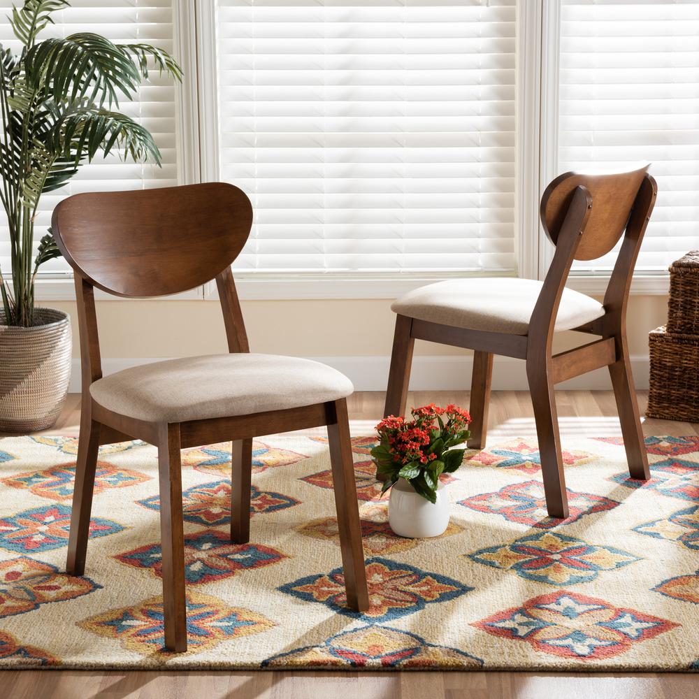 Sand Fabric Upholstered and Walnut Brown Finished Wood 2-Piece Dining Chair Set. Picture 14