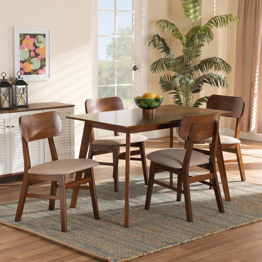 Sand Fabric Upholstered and Walnut Brown Finished Wood 5-Piece Dining Set. Picture 16