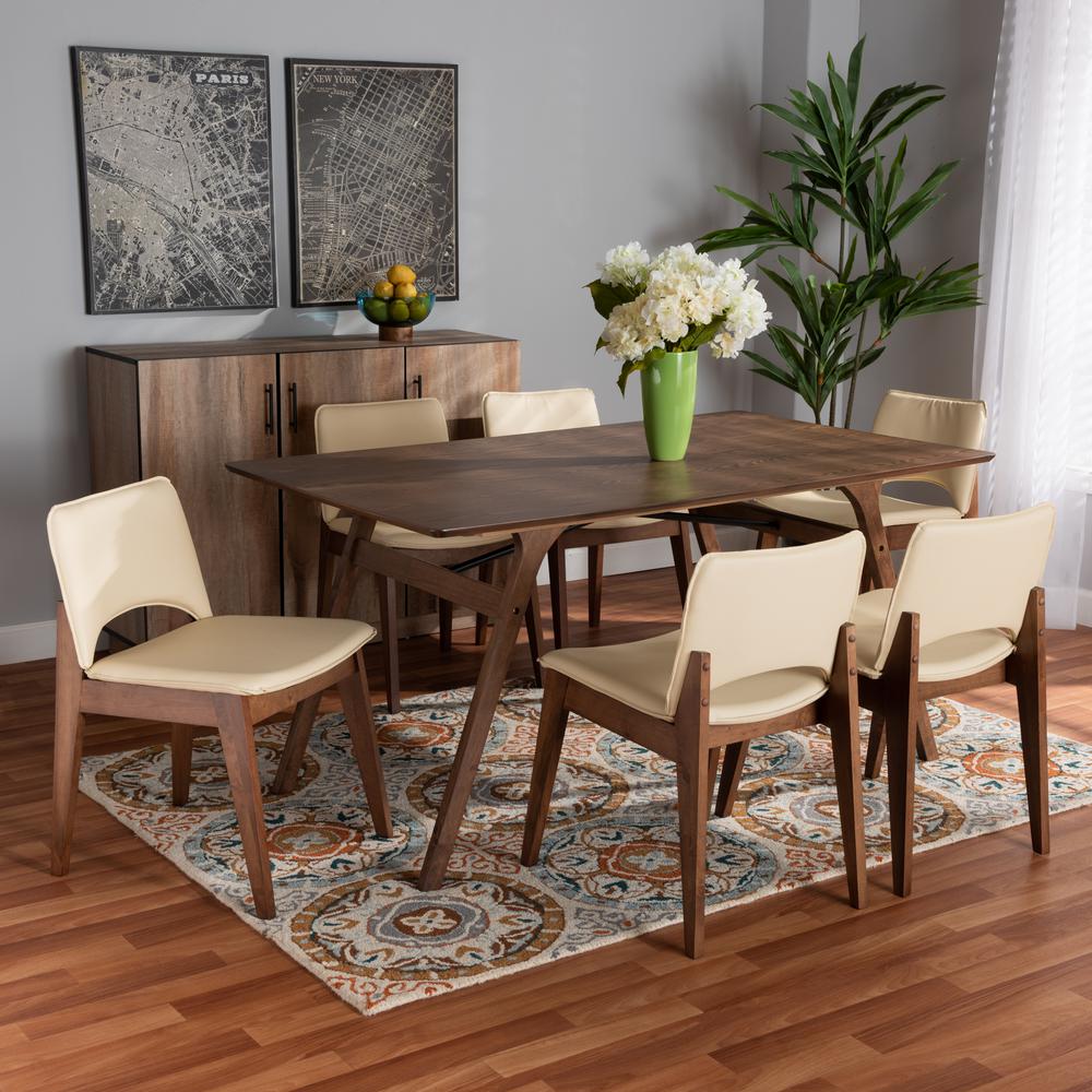 Leather Upholstered and Walnut Brown Finished Wood 7-Piece Dining Set. Picture 16