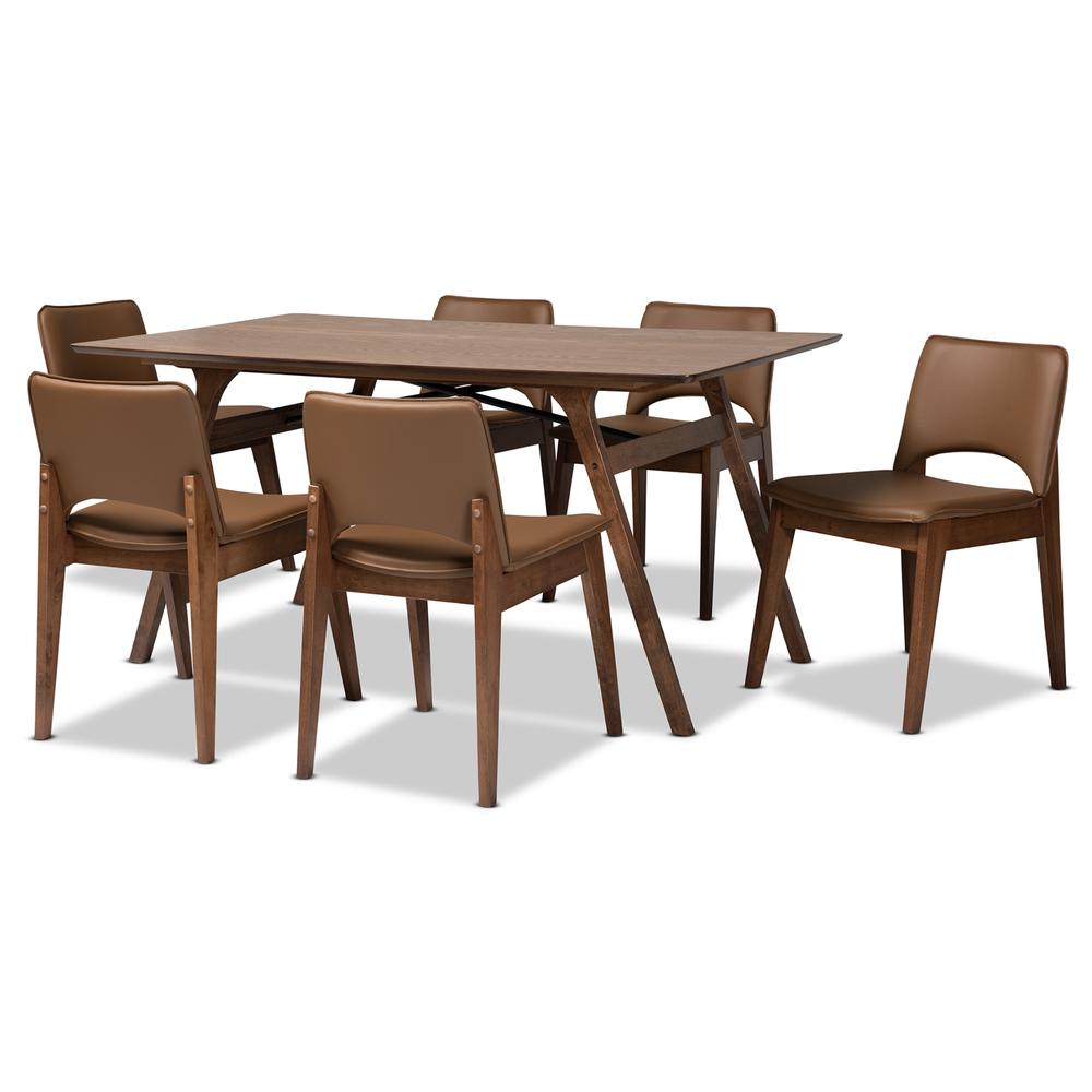 Leather Upholstered and Walnut Brown Finished Wood 7-Piece Dining Set. Picture 10