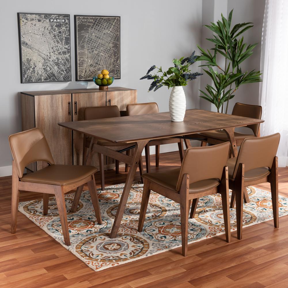 Leather Upholstered and Walnut Brown Finished Wood 7-Piece Dining Set. Picture 16