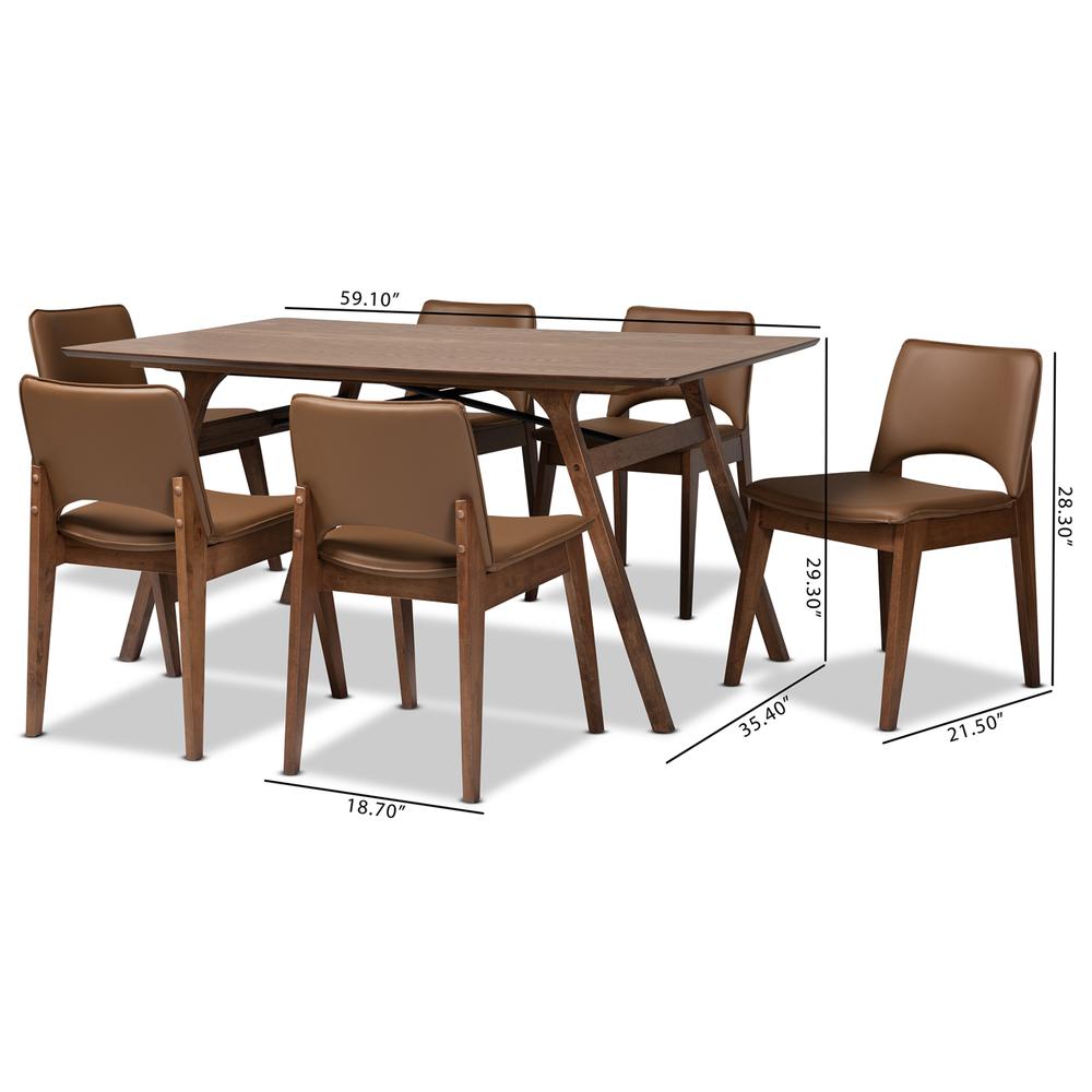 Leather Upholstered and Walnut Brown Finished Wood 7-Piece Dining Set. Picture 18