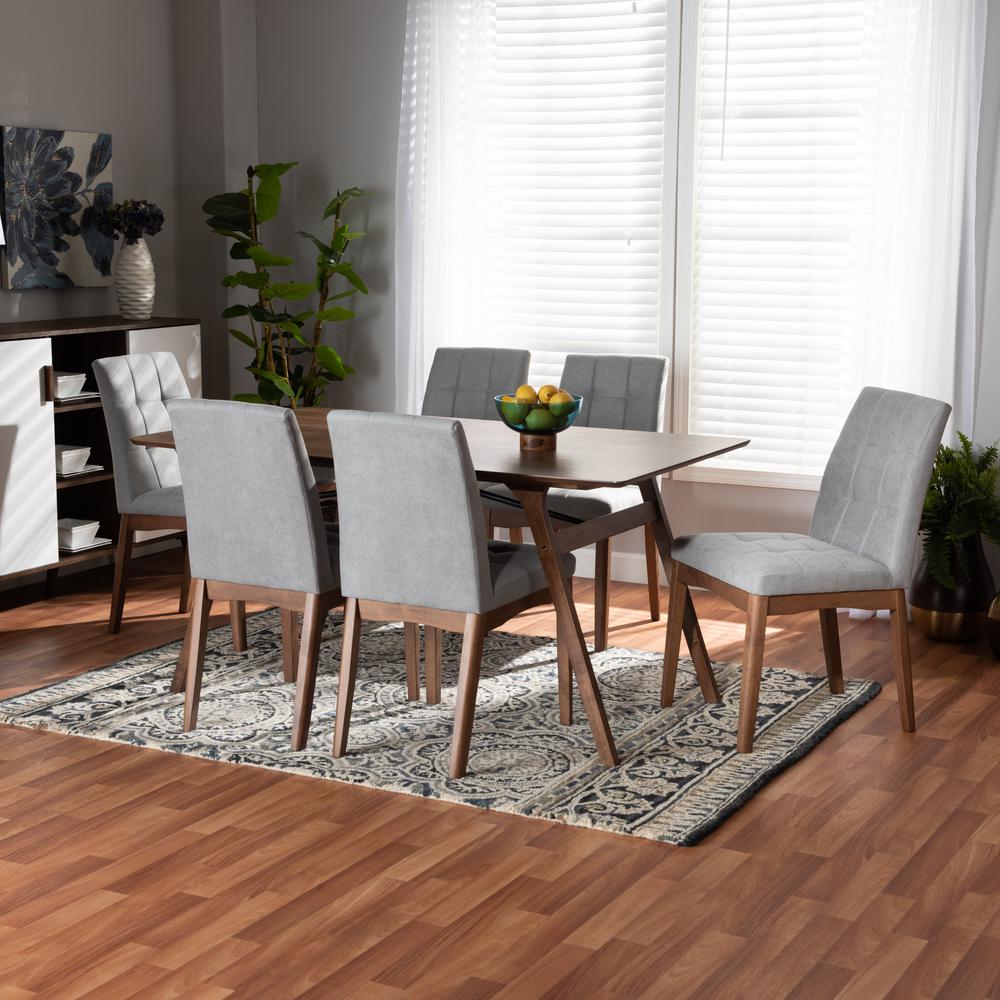 Light Grey Fabric Upholstered and Walnut Brown Finished Wood 7-Piece Dining Set. Picture 16