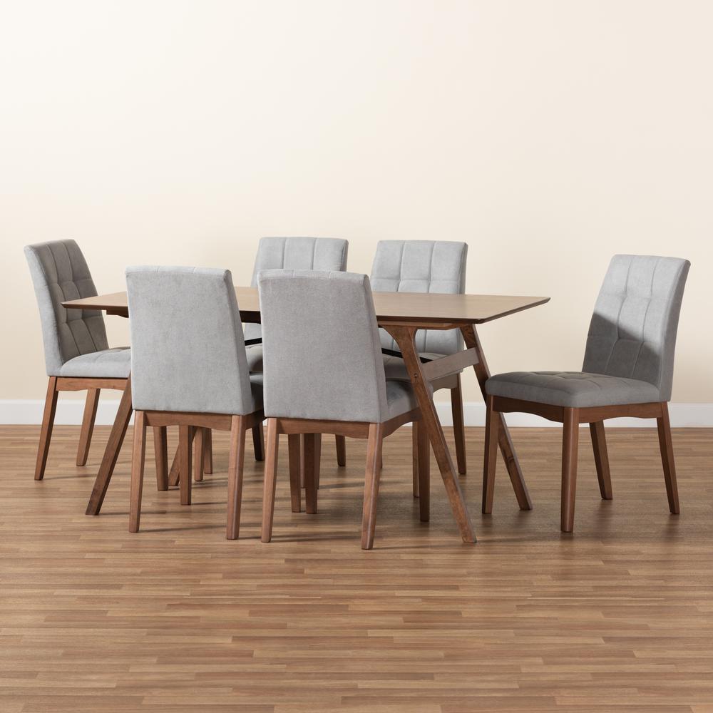 Light Grey Fabric Upholstered and Walnut Brown Finished Wood 7-Piece Dining Set. Picture 17