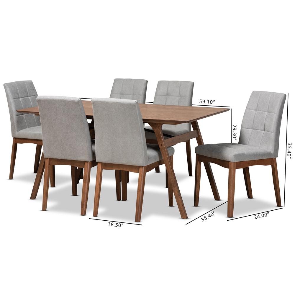 Light Grey Fabric Upholstered and Walnut Brown Finished Wood 7-Piece Dining Set. Picture 18