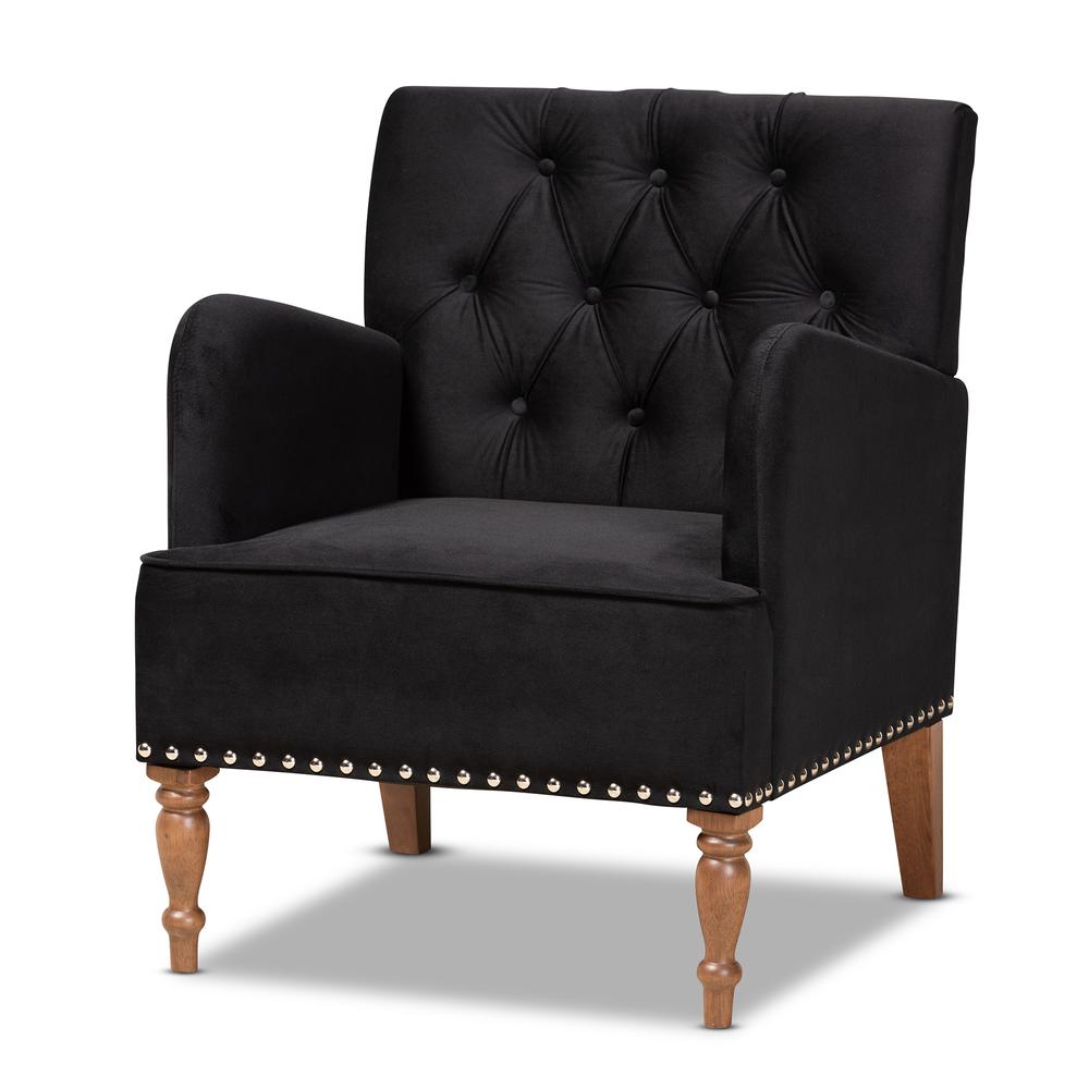 Glam and Luxe Black Velvet Upholstered and Walnut Brown Finished Wood Armchair. Picture 10