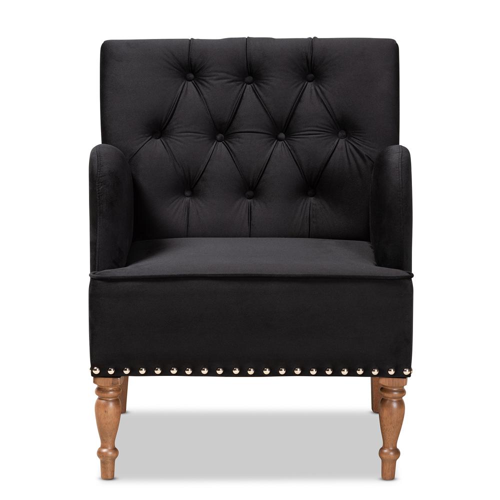 Glam and Luxe Black Velvet Upholstered and Walnut Brown Finished Wood Armchair. Picture 11